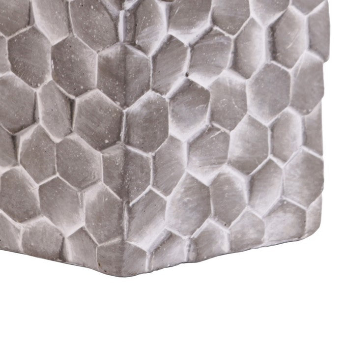 Square Cement Pot with Embossed Hexagonal Design, Set of 2, Washed Gray