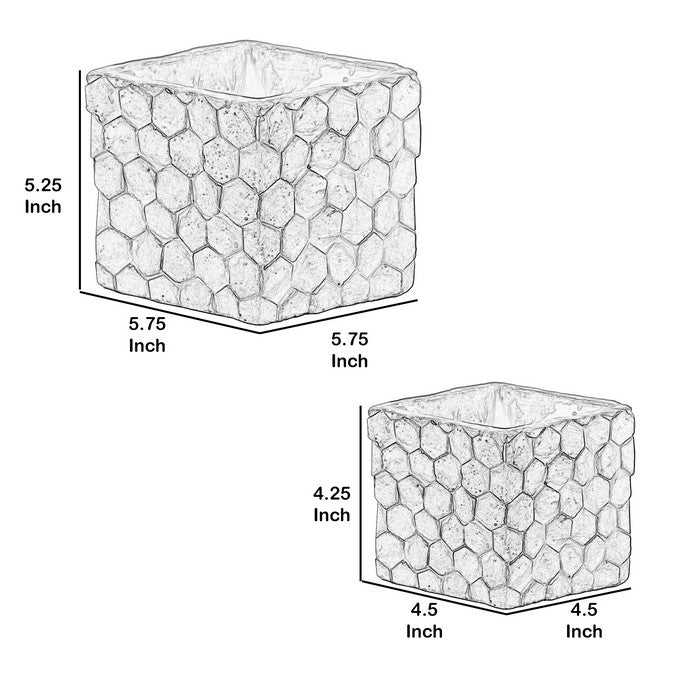 Square Cement Pot with Embossed Hexagonal Design, Set of 2, Washed Gray