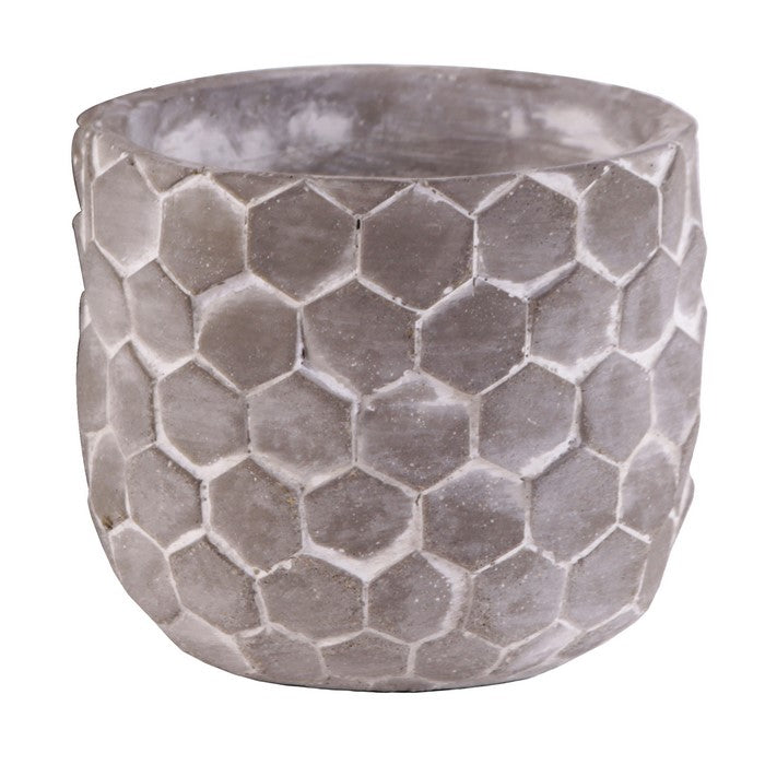 Round Cement Pot with Embossed Hexagonal Design, Set of 2, Washed Gray