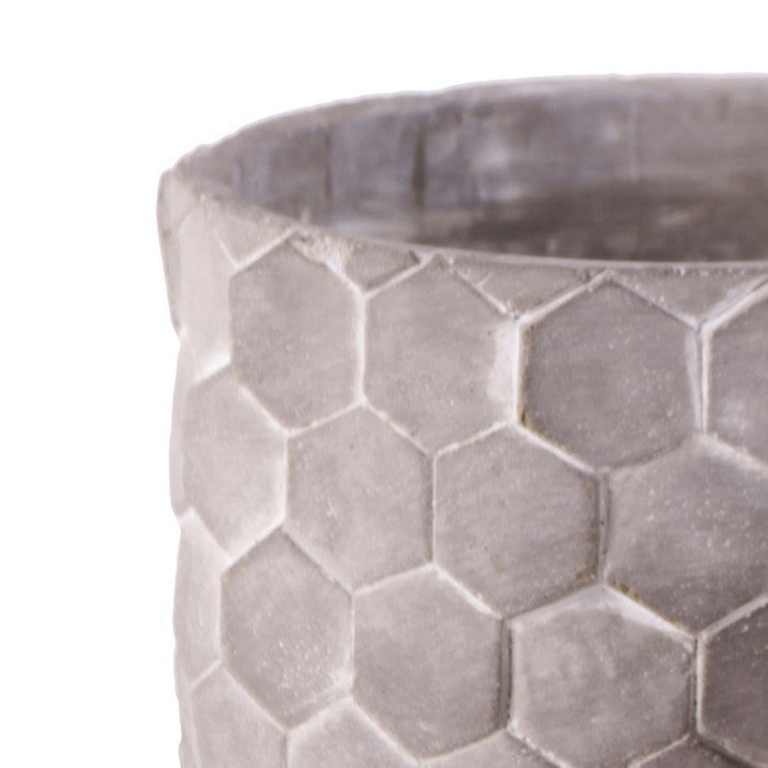 Round Cement Pot with Embossed Hexagonal Design, Set of 2, Washed Gray