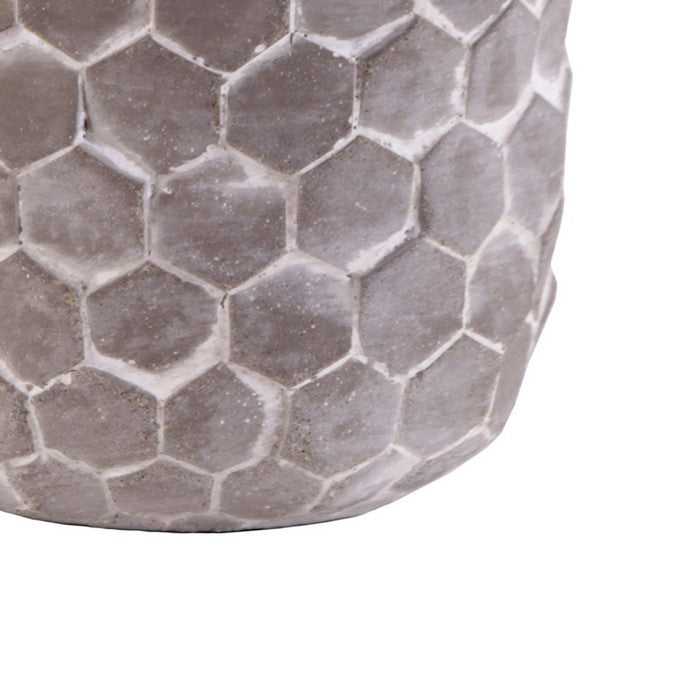 Round Cement Pot with Embossed Hexagonal Design, Set of 2, Washed Gray