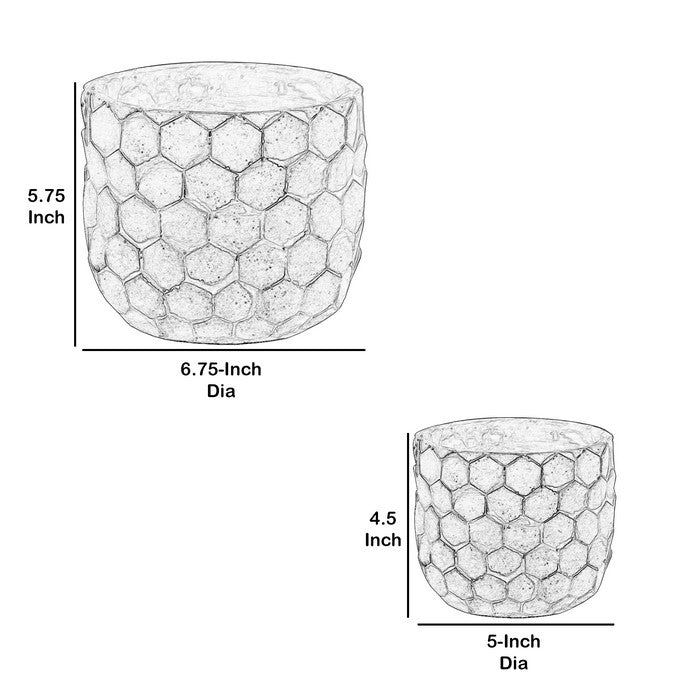 Round Cement Pot with Embossed Hexagonal Design, Set of 2, Washed Gray
