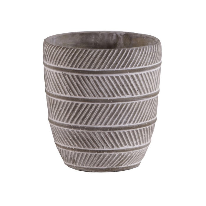 Round Cement Pot with Parallel Lines Engraving, Set of 2, Distressed Gray