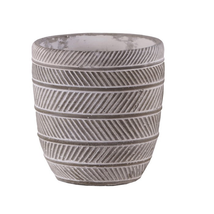 Round Cement Pot with Parallel Lines Engraving, Set of 2, Distressed Gray
