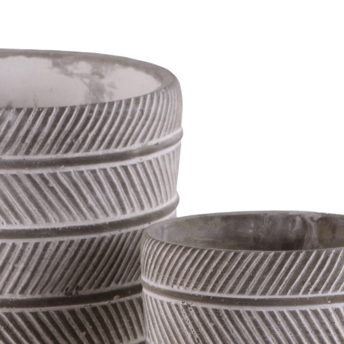 Round Cement Pot with Parallel Lines Engraving, Set of 2, Distressed Gray