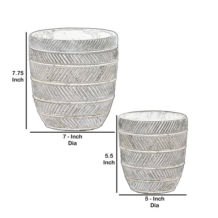 Round Cement Pot with Parallel Lines Engraving, Set of 2, Distressed Gray