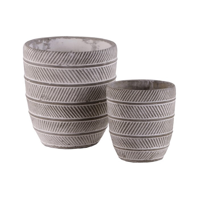 Round Cement Pot with Parallel Lines Engraving, Set of 2, Distressed Gray