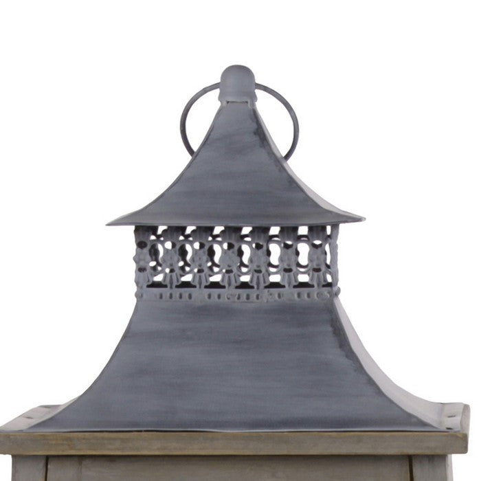 2 Piece Window Pane Design Wooden Lantern with Glass Insets,Brown and Clear