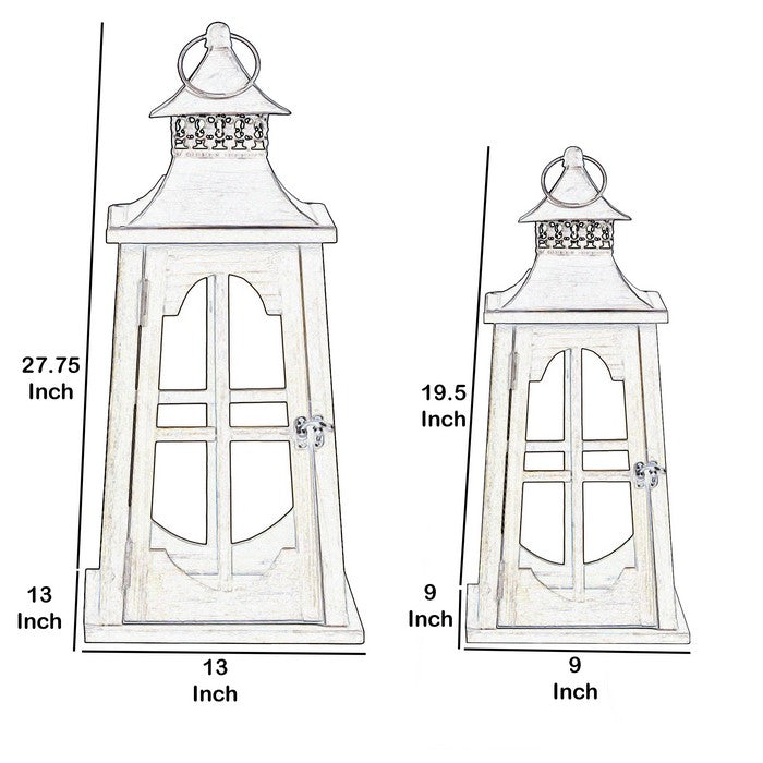 2 Piece Window Pane Design Wooden Lantern with Glass Insets,Brown and Clear