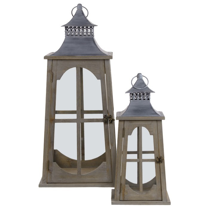 2 Piece Window Pane Design Wooden Lantern with Glass Insets,Brown and Clear