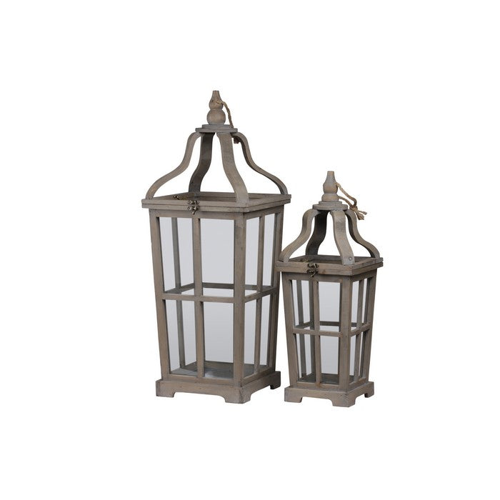 2 Piece Curved Ribbon Open Top Lantern with Window Pane Design, Brown