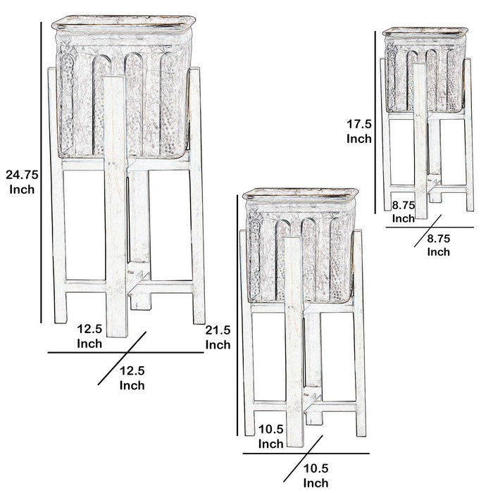 3 Piece Square Vented Design Metal Planters with Copper Rim, Gray and Brown