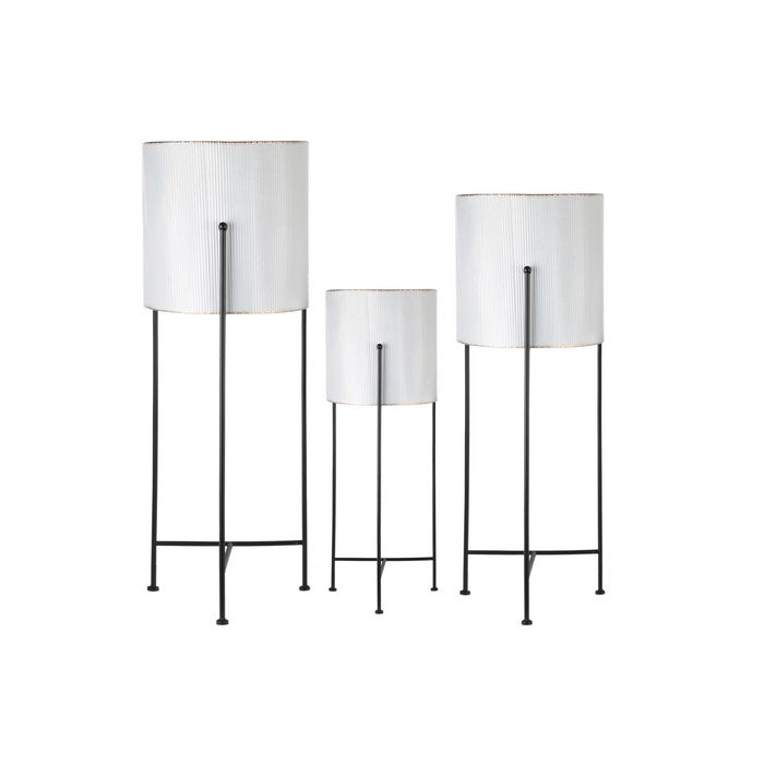 3 Piece Gold Rim and Corrugated Round Metal Planter, White and Black