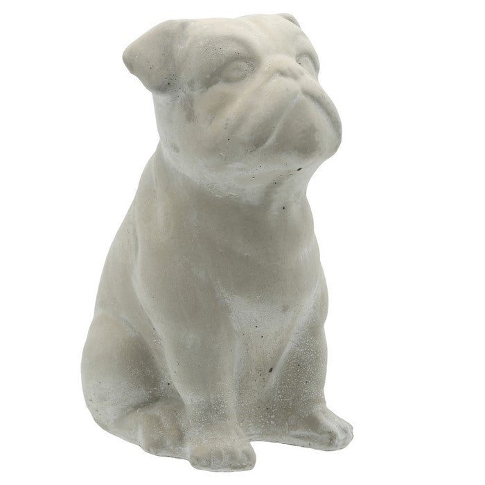 Cement Bulldog Sitting Figurine Looking Straight, Weathered Gray