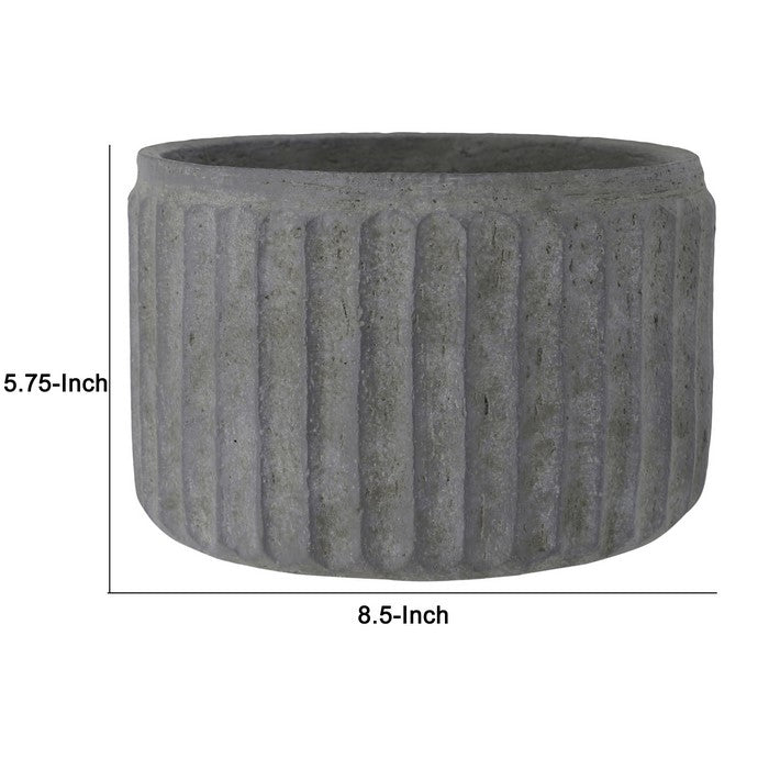 Round Cement Pot with Vertically Pressed Lines, Small, Gray