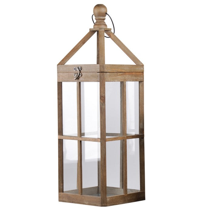 Wooden Lantern with Finial Top and Intersecting Glass Panes, Set of 2,Brown