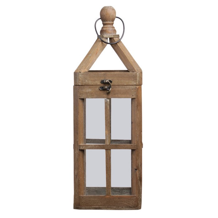 Wooden Lantern with Finial Top and Intersecting Glass Panes, Set of 2,Brown