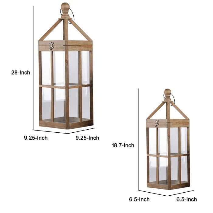 Wooden Lantern with Finial Top and Intersecting Glass Panes, Set of 2,Brown
