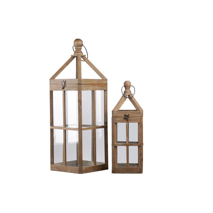 Wooden Lantern with Finial Top and Intersecting Glass Panes, Set of 2,Brown