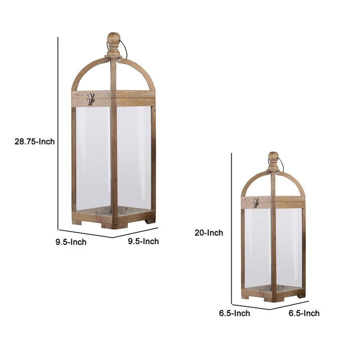 Wooden Lantern with Finial Top and Glass Window Design, Set of 2,Brown