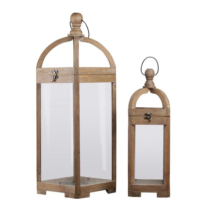 Wooden Lantern with Finial Top and Glass Window Design, Set of 2,Brown