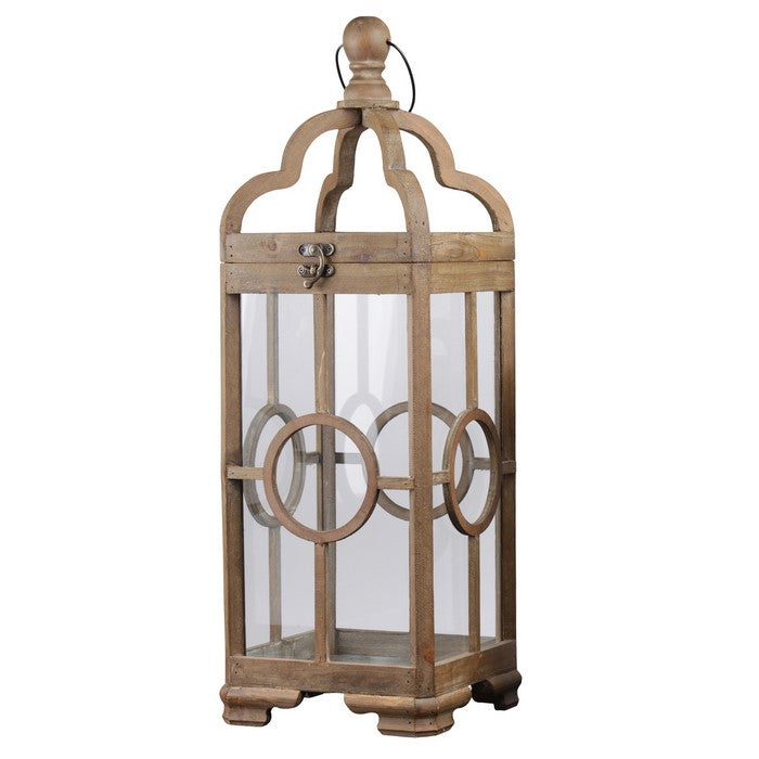 Lantern with Round Finial Top and Center Circle Panes, Set of 2, Brown
