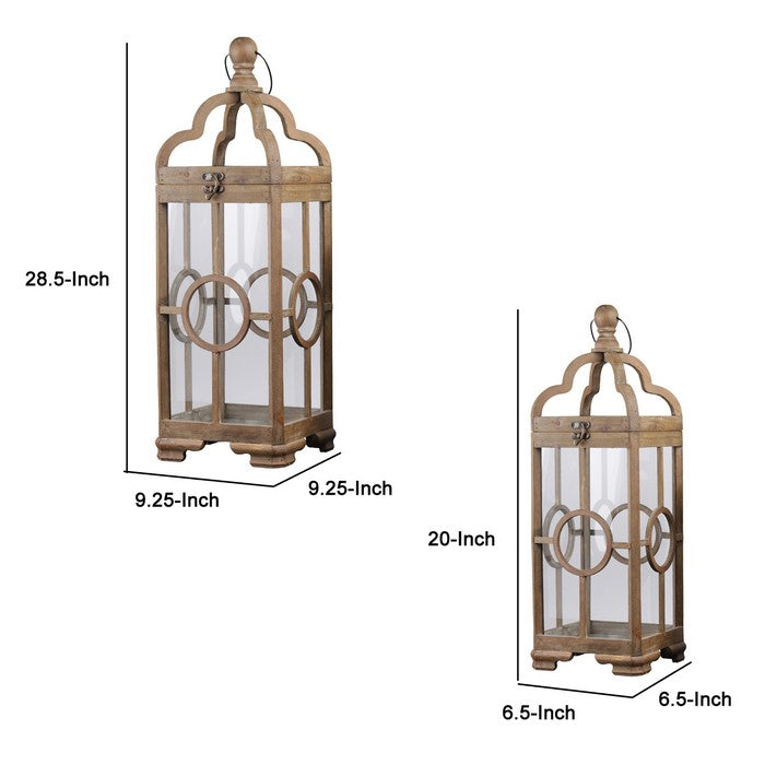 Lantern with Round Finial Top and Center Circle Panes, Set of 2, Brown