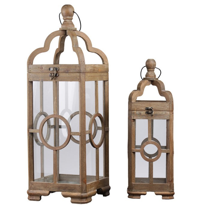 Lantern with Round Finial Top and Center Circle Panes, Set of 2, Brown