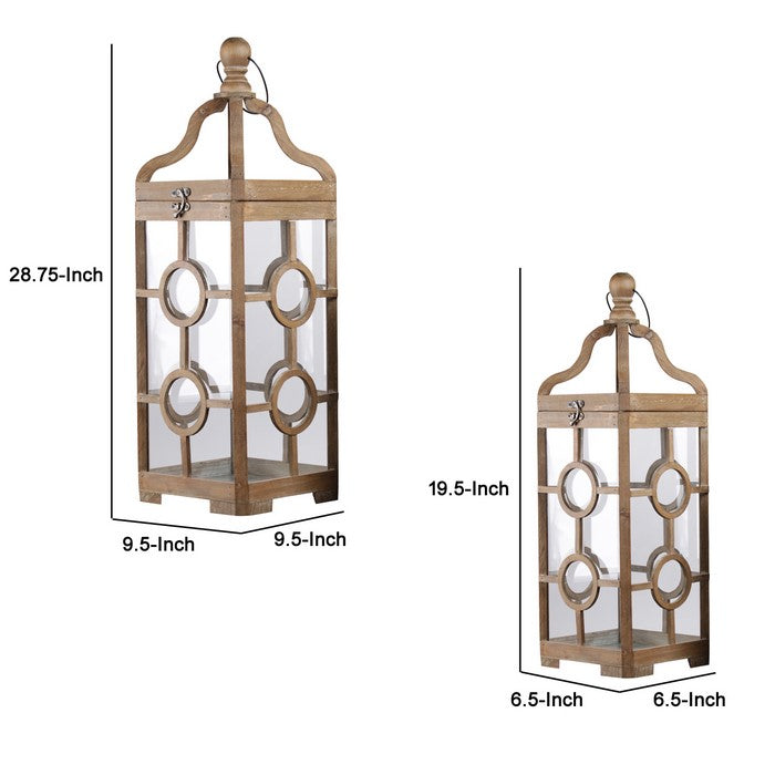Lantern with Round Finial Top and Double Circle Panes, Set of 2, Brown