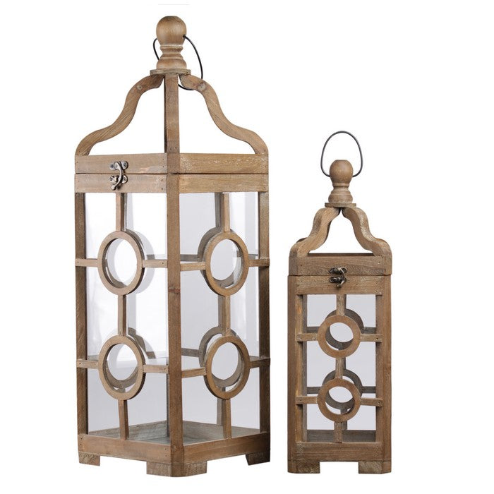 Lantern with Round Finial Top and Double Circle Panes, Set of 2, Brown