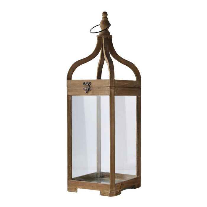Wooden Lantern with Round Finial Top and Glass Panes, Set of 2, Brown