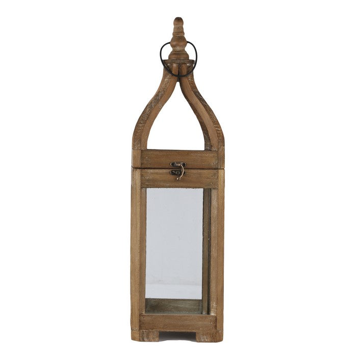 Wooden Lantern with Round Finial Top and Glass Panes, Set of 2, Brown