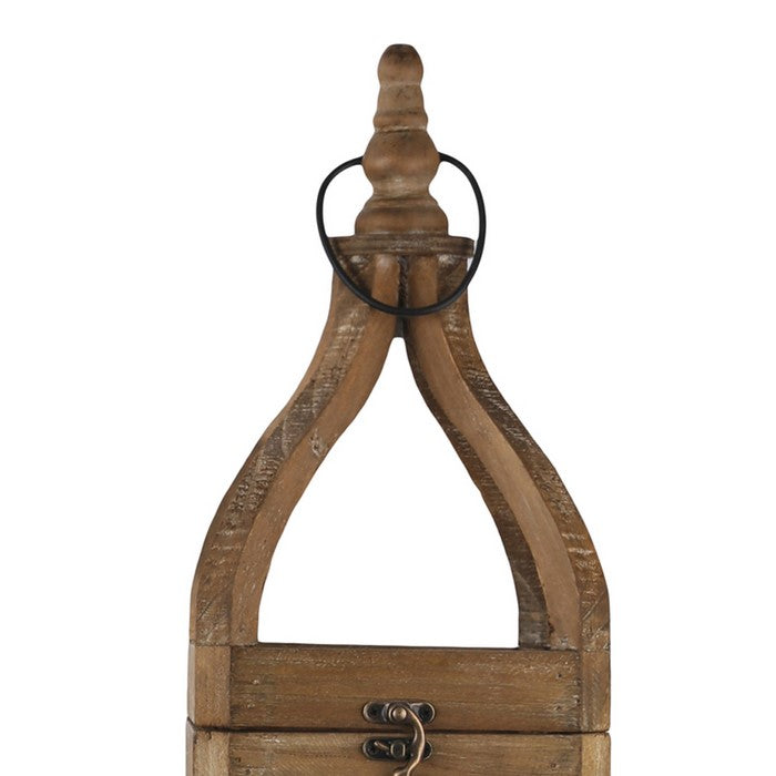 Wooden Lantern with Round Finial Top and Glass Panes, Set of 2, Brown