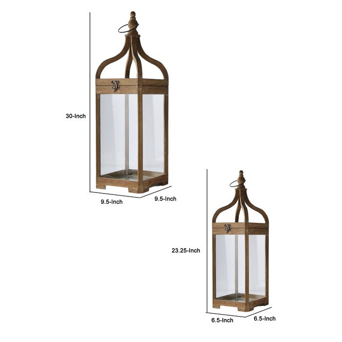 Wooden Lantern with Round Finial Top and Glass Panes, Set of 2, Brown