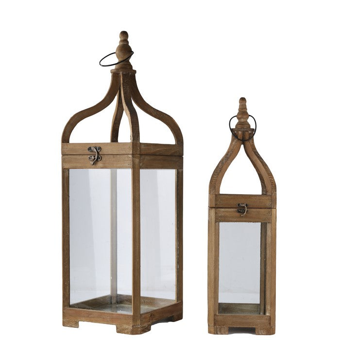 Wooden Lantern with Round Finial Top and Glass Panes, Set of 2, Brown