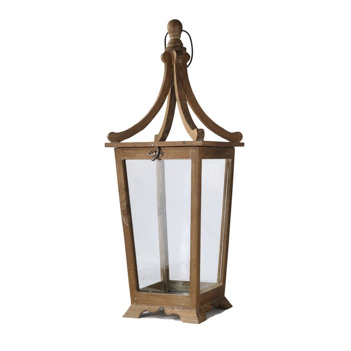 Wooden Lantern with Temple Top and Glass Panes, Set of 2, Brown