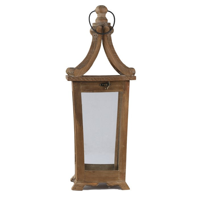 Wooden Lantern with Temple Top and Glass Panes, Set of 2, Brown