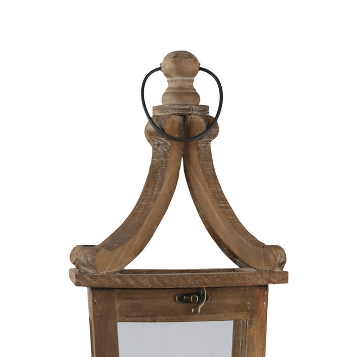 Wooden Lantern with Temple Top and Glass Panes, Set of 2, Brown