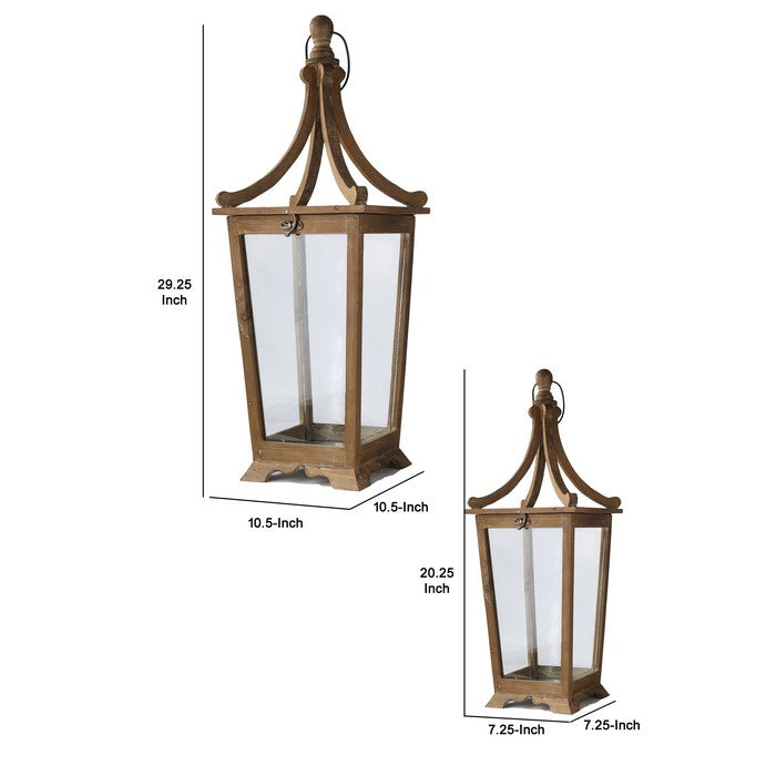 Wooden Lantern with Temple Top and Glass Panes, Set of 2, Brown