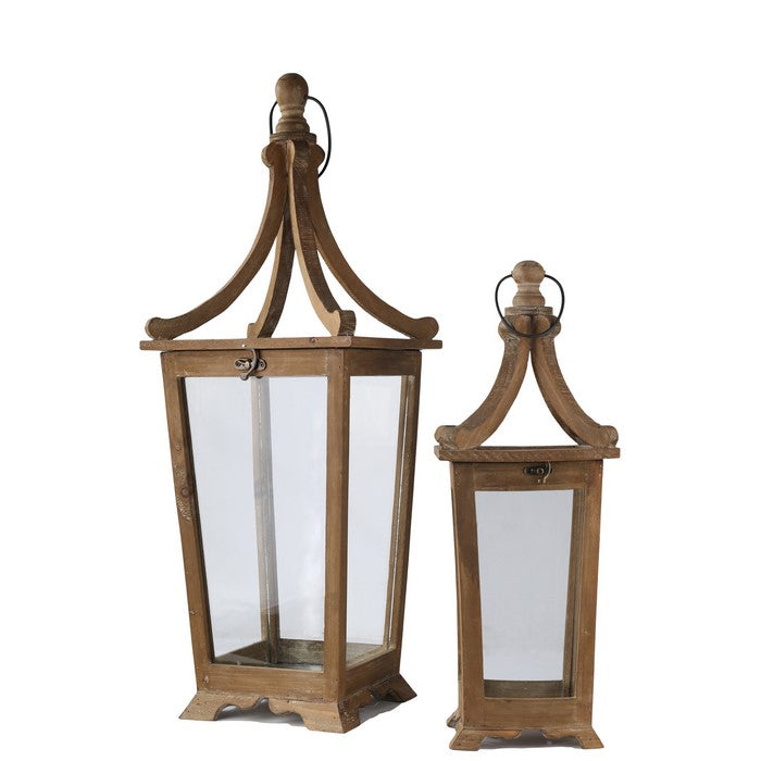 Wooden Lantern with Temple Top and Glass Panes, Set of 2, Brown