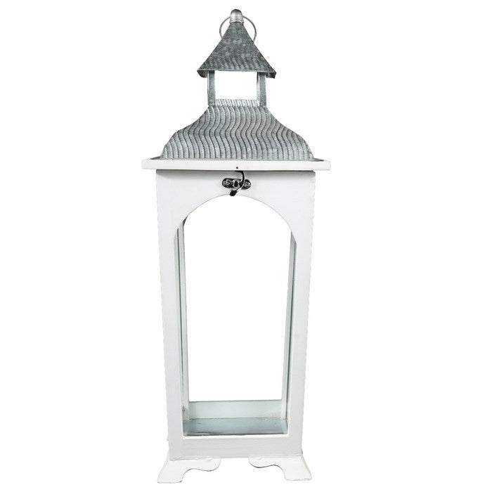 Wooden Lantern with Corrugated Metal Top and Glass Panes, Set of 2, White