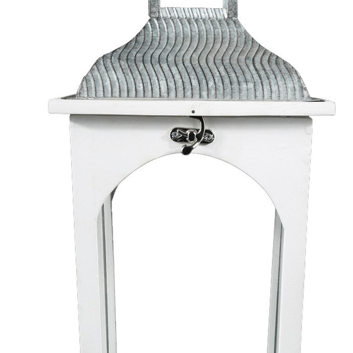 Wooden Lantern with Corrugated Metal Top and Glass Panes, Set of 2, White
