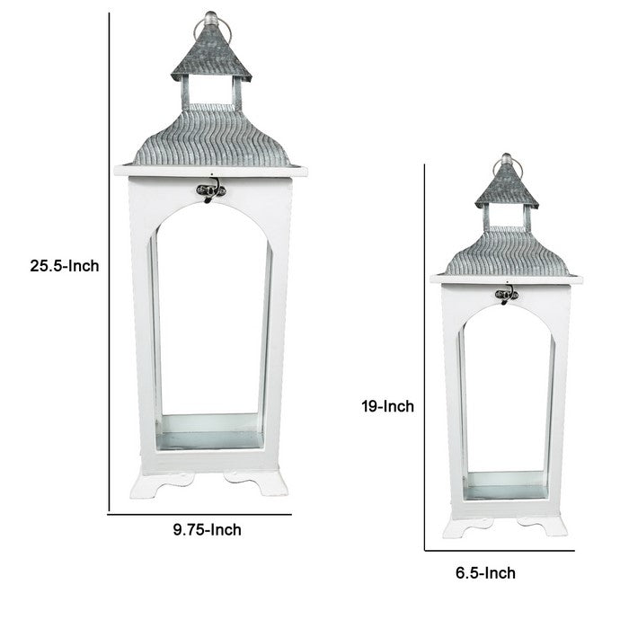 Wooden Lantern with Corrugated Metal Top and Glass Panes, Set of 2, White