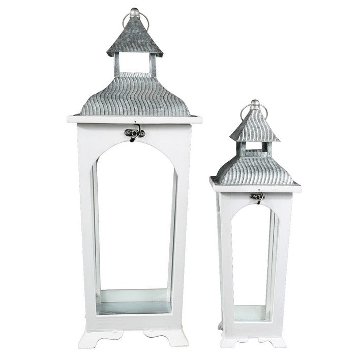 Wooden Lantern with Corrugated Metal Top and Glass Panes, Set of 2, White