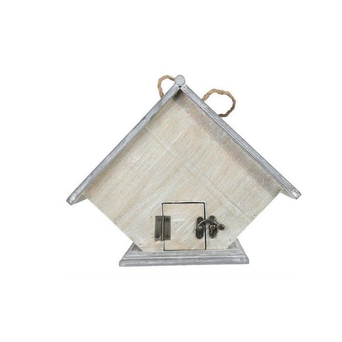 Wooden Porch Design Bird House with Flat Base and Back Door, Gray