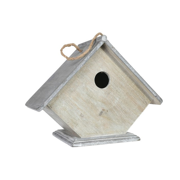 Wooden Porch Design Bird House with Flat Base and Back Door, Gray