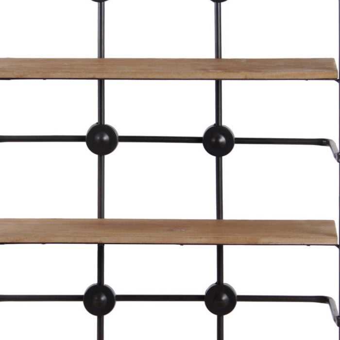 3 Tier Wooden Surface Rectangular Metal Wall Shelf, Black and Brown