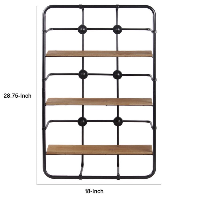 3 Tier Wooden Surface Rectangular Metal Wall Shelf, Black and Brown