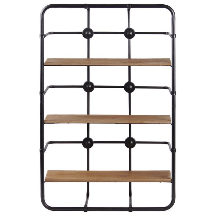 3 Tier Wooden Surface Rectangular Metal Wall Shelf, Black and Brown