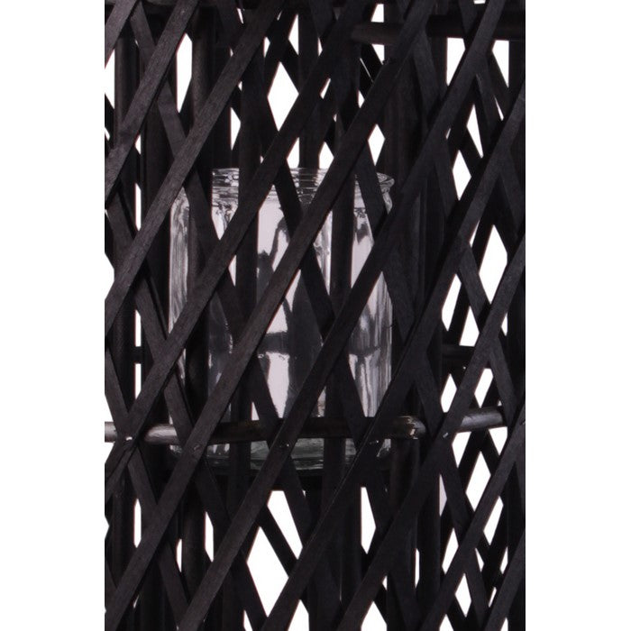 Lattice Design Cylindrical Wooden Lantern with Rope Handle, Large, Black